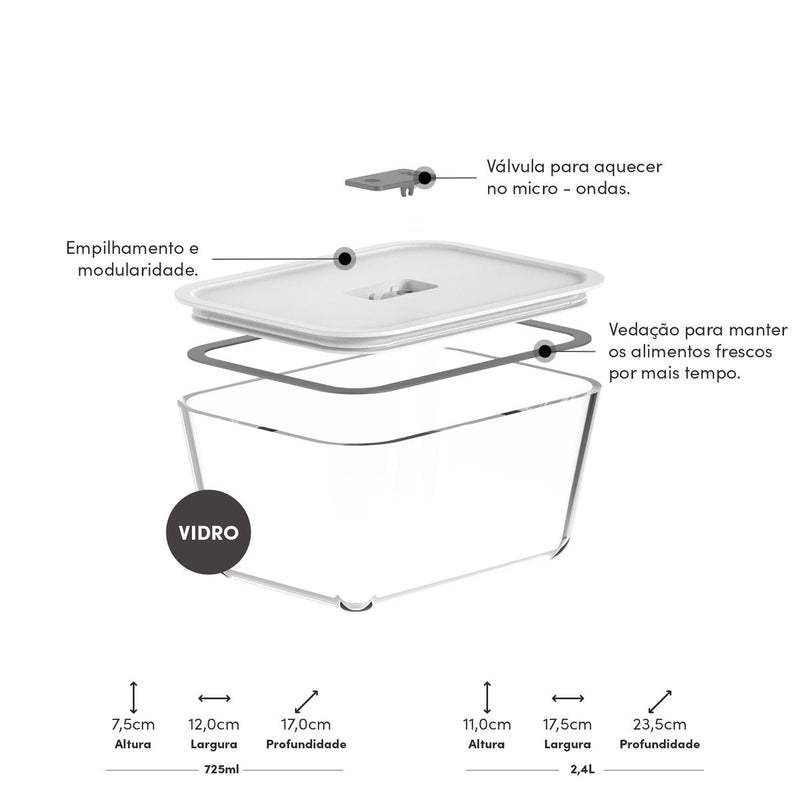 Kit de potes de vidro  hermético Ou 2,4L e 725 ml Fresh Lock