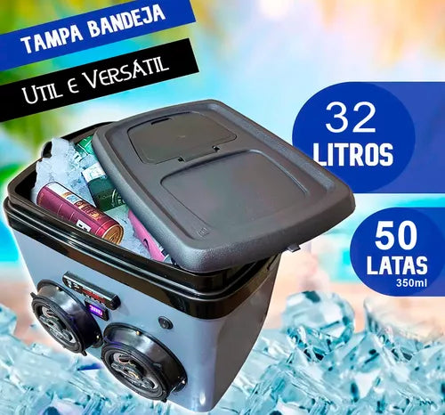 Caixa Térmica Cooler Com Alça 32l Som Bluetooth Usb Bateria