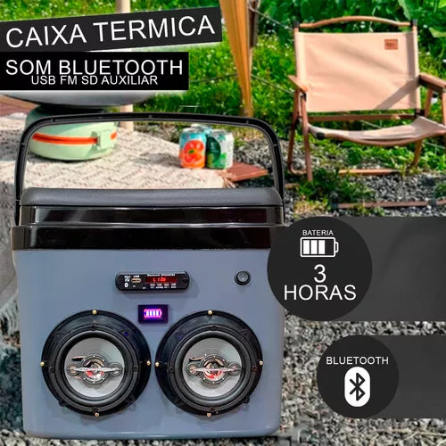 Caixa Térmica Cooler Com Alça 32l Som Bluetooth Usb Bateria